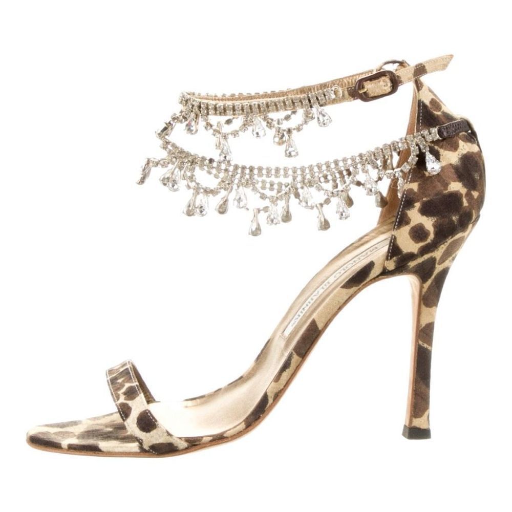 Manolo Blahnik Hourista Leopard Print Crystal Embellished Sandals Size 6